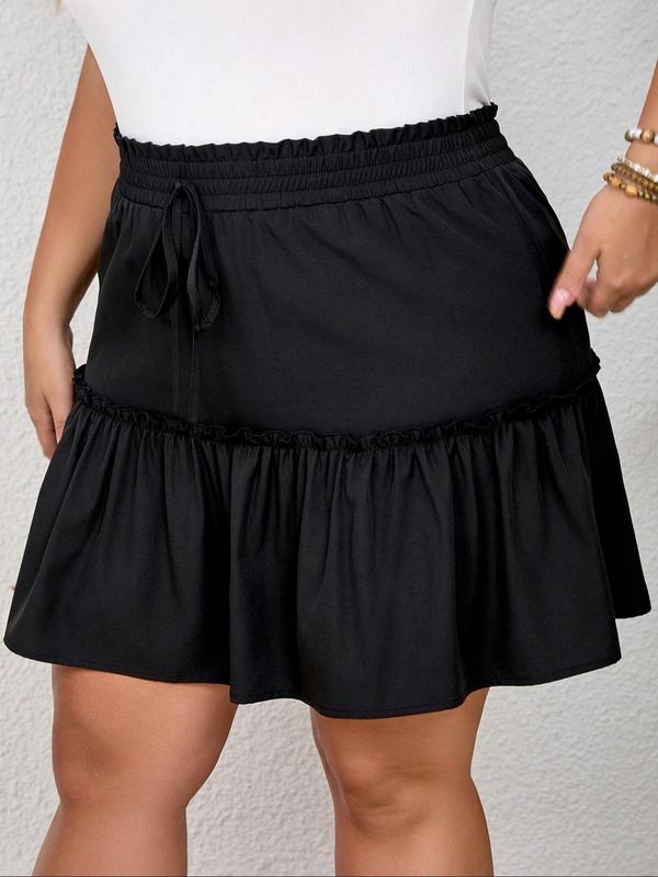  Solid Drawstring Frill Tie Front Skirt, Casual Fashion Short Skirt for Daily Outdoor Wear, Women Clothing for Fall