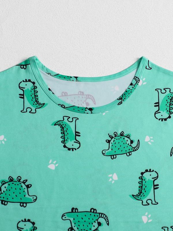 Plus Size All Over Dinosaur Print Pyjama Set, Casual Soft  Short Sleeve T-shirt & Elastic Waist Shorts Loungewear Set, Women's Sleepwear for Summer