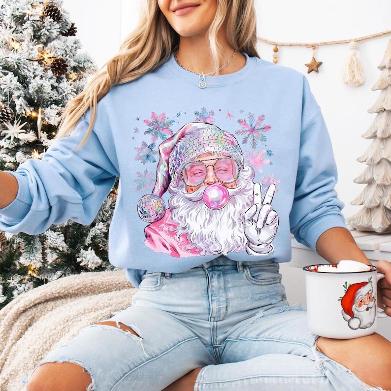 Retro Santa Sweatshirt, Pink Christmas Sweater, Women's Holiday Crewneck, Xmas Gifted for Her, Trendy Festive Sweatshirt, Bubblegum Santa