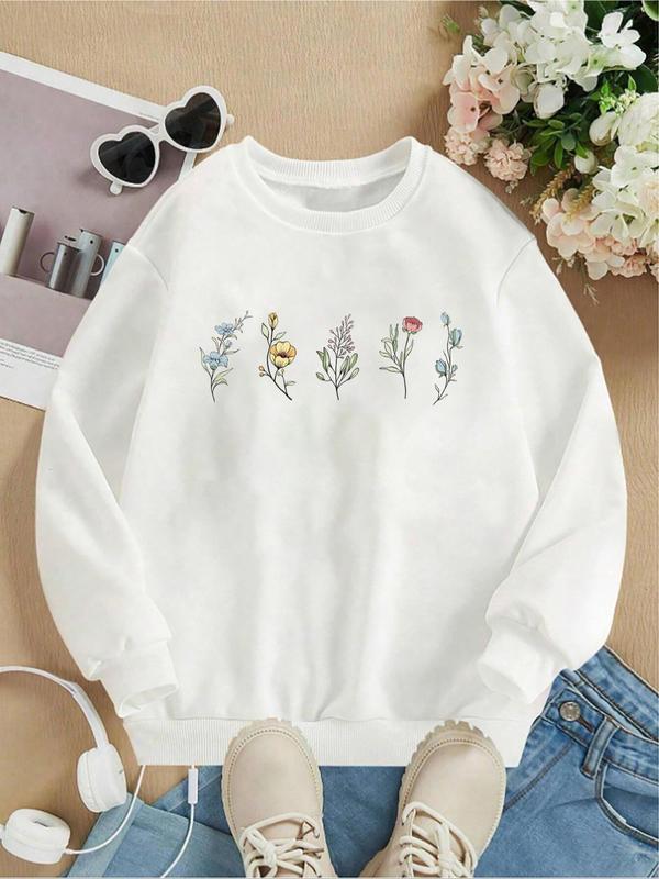 Women's Floral Embroidery Crew Neck Sweatshirt, Casual Long Sleeve Pullover for Fall & Winter, Women's Clothes for Daily Wear