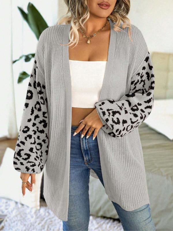  Leopard Print Drop Shoulder Split Hem Cardigan, Casual Long Sleeve Open Front Knitwear for Spring & Fall, Gift Set for Women, Cardigan for Women, Women's Plus Clothing for Daily Wear for Christmas