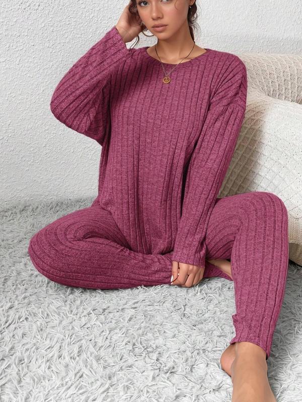  Two-Piece Set Solid Drop Shoulder Top & Skinny Pants Ribbed Pajama Set, Casual Comfy Round Neck Long Sleeve Top & Trousers Set, Women's Sleepwear for Fall & Winter