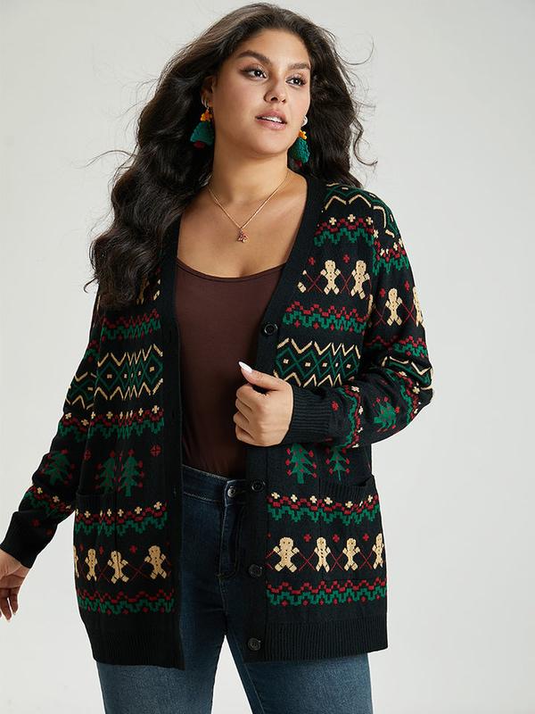 BloomChic Christmas Trees & Gingerbread Man Print Pocket Cardigan