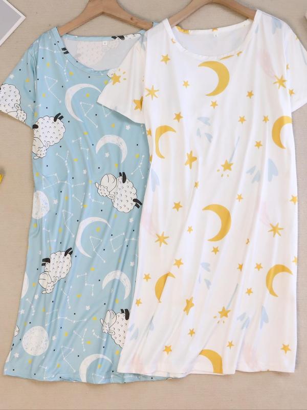 Women's Sheep & Galaxy Print Nightdress, Casual Comfortable Round Neck Short Sleeve Nightgown, Ladies Sleepwear for All Seasons