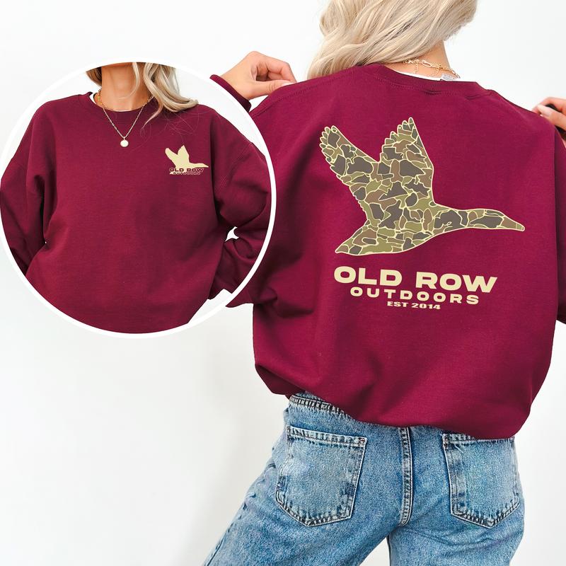 Old Row Outdoors Flying Duck Camo Pocket 2-Side, Outdoors Sweaters, Comfort Clothing, Cotton Fabric Sweaters, Printed Women's Top, Casual Womenswear