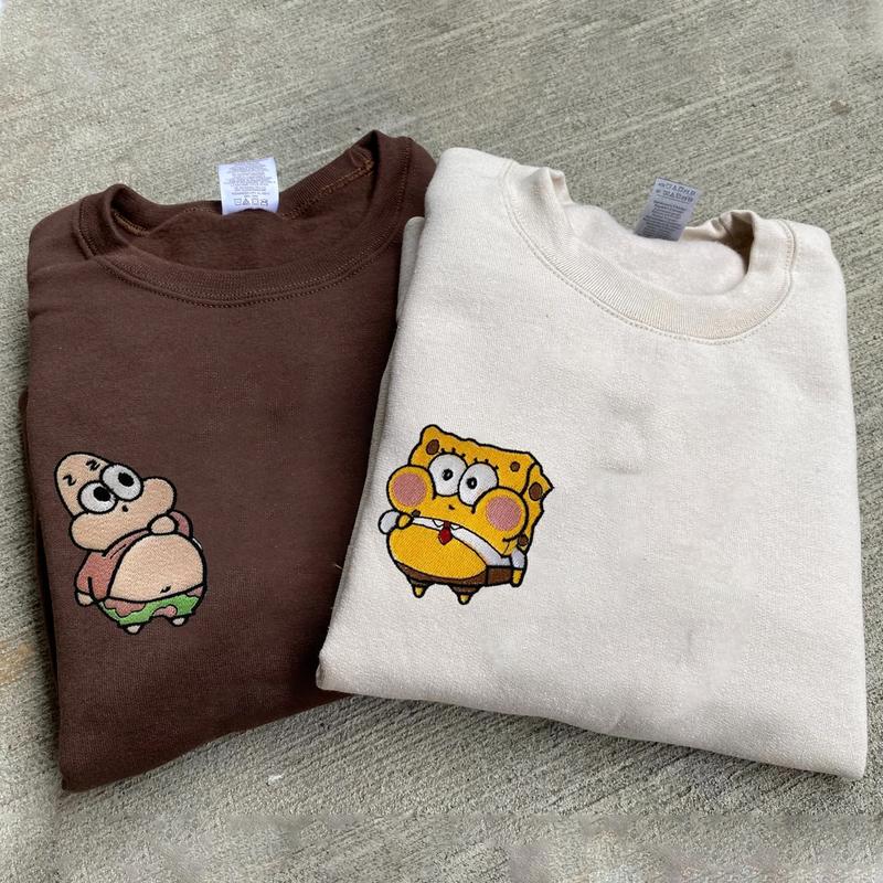 SpongeBob & Patrick Couple Embroidered Sweatshirt, SpongeBob and Patrick Star Couple Embroidered Hoodie, Couple Shirts For Lovers, Best Gifts