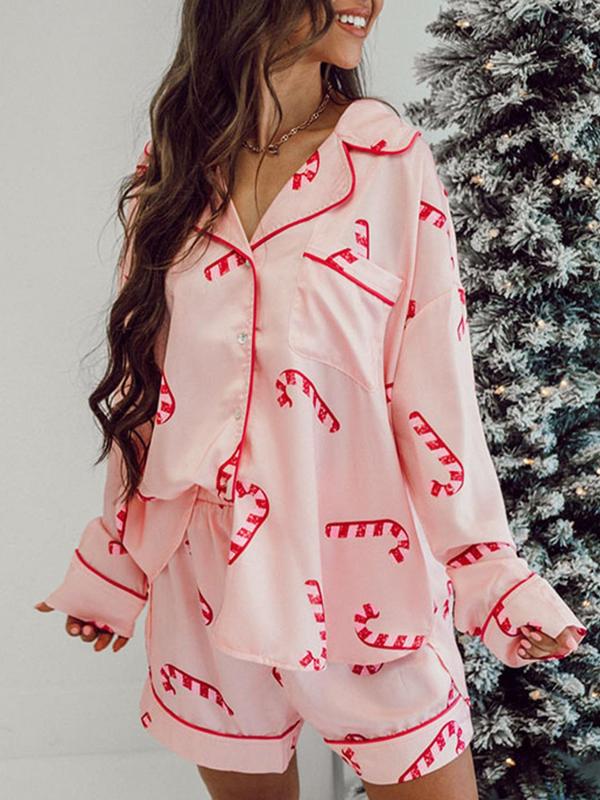 Two-Piece Set Women's All Over Christmas Print Lapel Neck Pajama, Casual Comfy Drop Shoulder Long Sleeve Top & Elastic Waist Pants PJ Set, Ladies Sleepwear for Spring & Fall