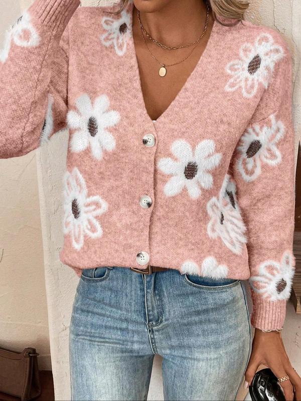 Plus Size Floral Print Button Front Cardigan, Casual Drop Shoulder V Neck Knitwear for Fall & Winter, Cardigans for Women, Women's Plus Clothing for Daily Wear