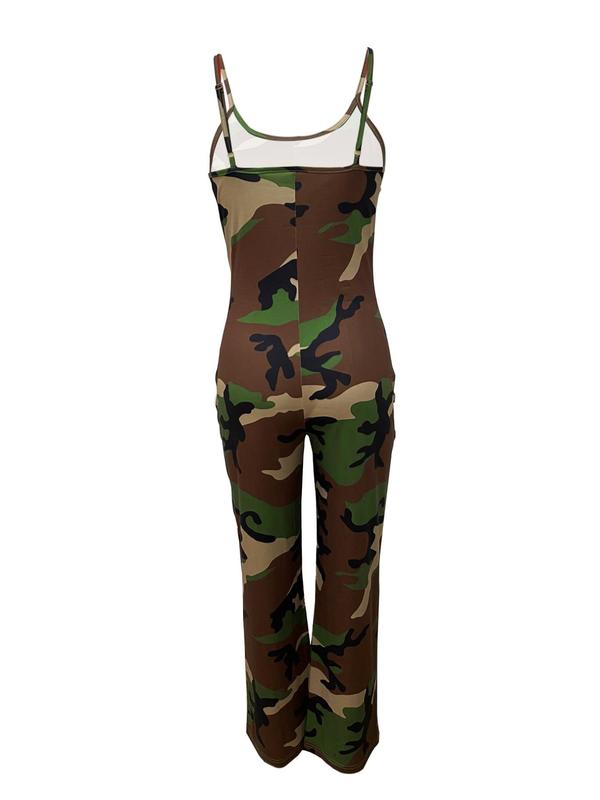 Women's Camo Print Backless Cami Bodycon Jumpsuit, Adjustable Strap Sleeveless Jumpsuit for Summer, Fashion Women's Clothing for Daily Wear