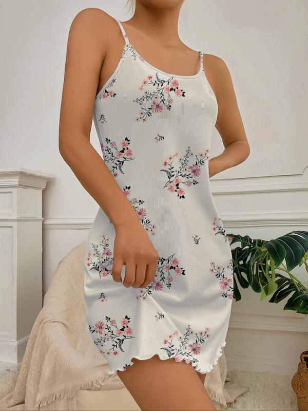 Women's Floral Print Lettuce Trim Cami Nightdress, Casual Summer Sleeveless Sleep Dress, Women's Sleepwear & Loungewear