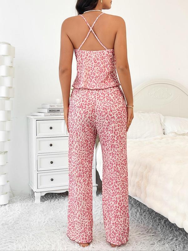 WWomen's Leopard Print Pyjama Set, Chic Criss Cross Contrast Lace Cami Top & Sleep Pants, Summer Clothes Women, Lady Soft Breathable Pajama Set