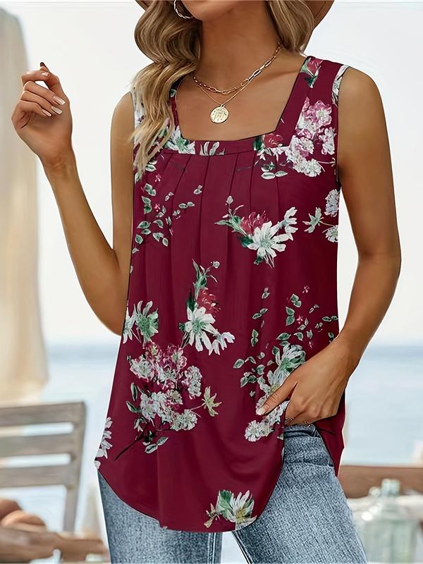 Plus Size Floral & Chevron Print Plicated Tank Top, Casual Square Neck Sleeveless Top for Summer, Women's Plus Clothing for Daily Wear