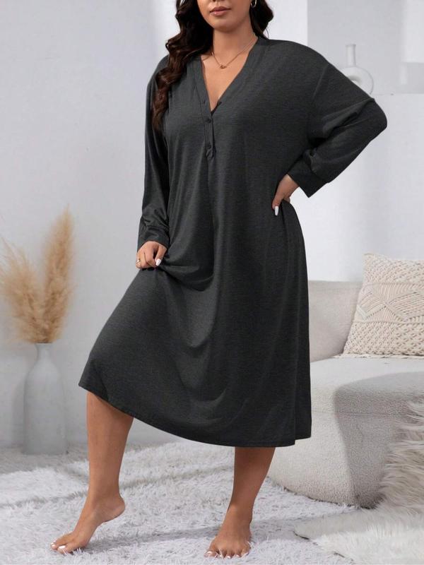  Solid Button Front Drop Shoulder Nightdress, Casual Long Sleeve V Neck Nightgown for Women, Women's Sleepwear for Spring & Fall