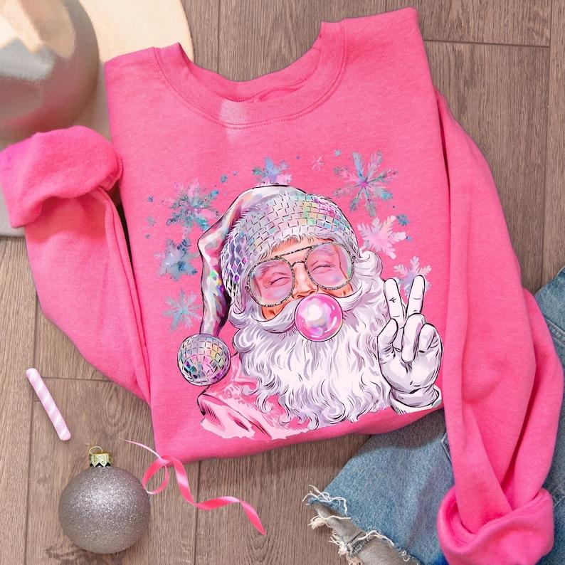 Retro Santa Sweatshirt, Pink Christmas Sweater, Women's Holiday Crewneck, Xmas Gifted for Her, Trendy Festive Sweatshirt, Bubblegum Santa