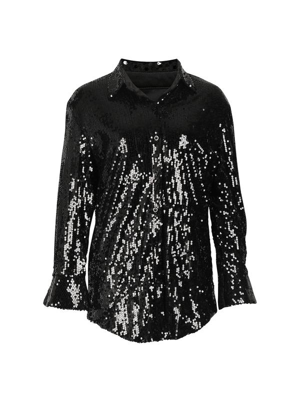 Women's Button Front Flounce Sleeve Contrast Sequin Top, Elegant Asymmetrical Hem Long Sleeve Collared Top for Party Holiday, Ladies Clothes for All Seasons