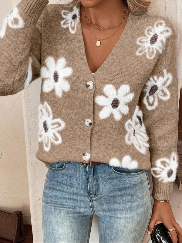 Plus Size Floral Print Button Front Cardigan, Casual Drop Shoulder V Neck Knitwear for Fall & Winter, Cardigans for Women, Women's Plus Clothing for Daily Wear