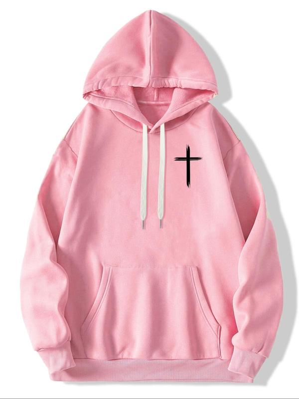 Women's Cross & Letter Print Thermal Lined Hoodie, Casual Long Sleeve Hooded Sweatshirt for Fall & Winter, Women's Clothes for Daily Wear