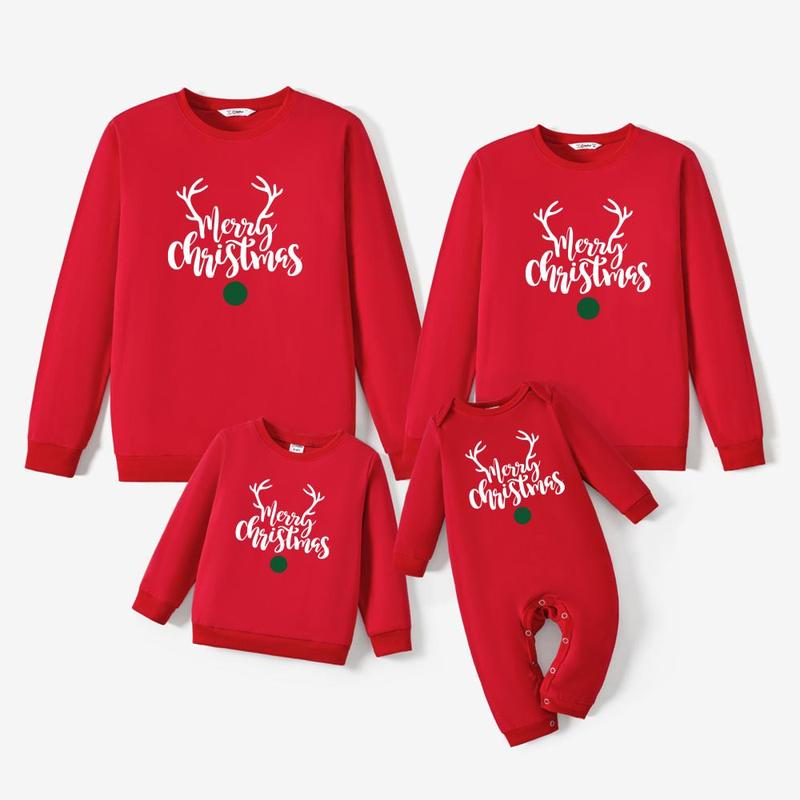 PatPat Christmas Family Matching Cotton Long Sleeves Reindeer Design Letter Print Tops in Red