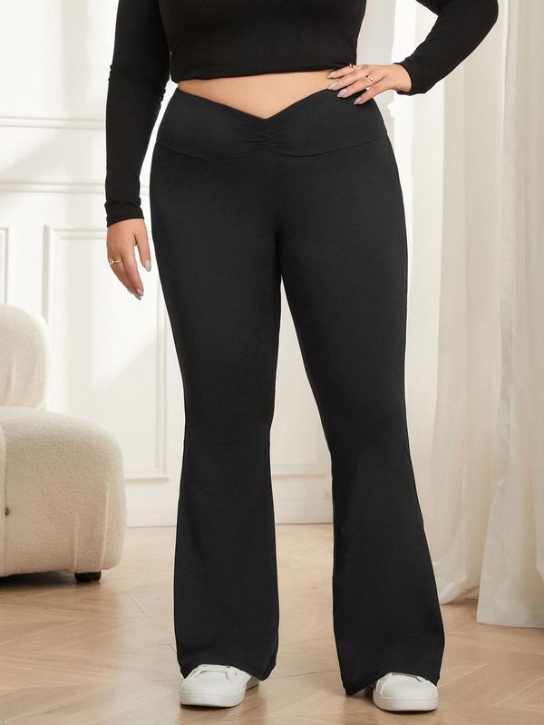 CURVZY Plus Size Solid Ruched Flare Leg Pants, Casual Comfy Bell Bottom Trousers for Daily Wear, Women's Bottoms for All Seasons