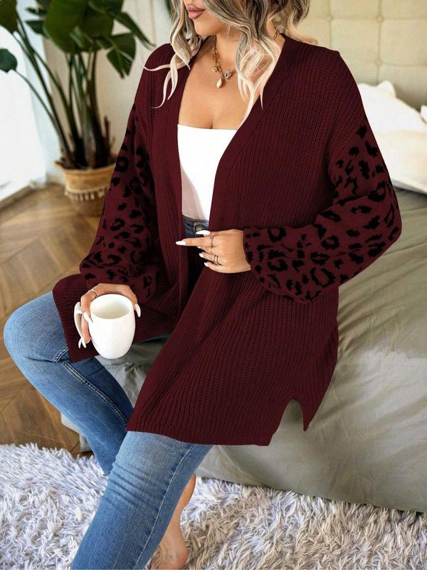  Leopard Print Drop Shoulder Split Hem Cardigan, Casual Long Sleeve Open Front Knitwear for Spring & Fall, Gift Set for Women, Cardigan for Women, Women's Plus Clothing for Daily Wear for Christmas