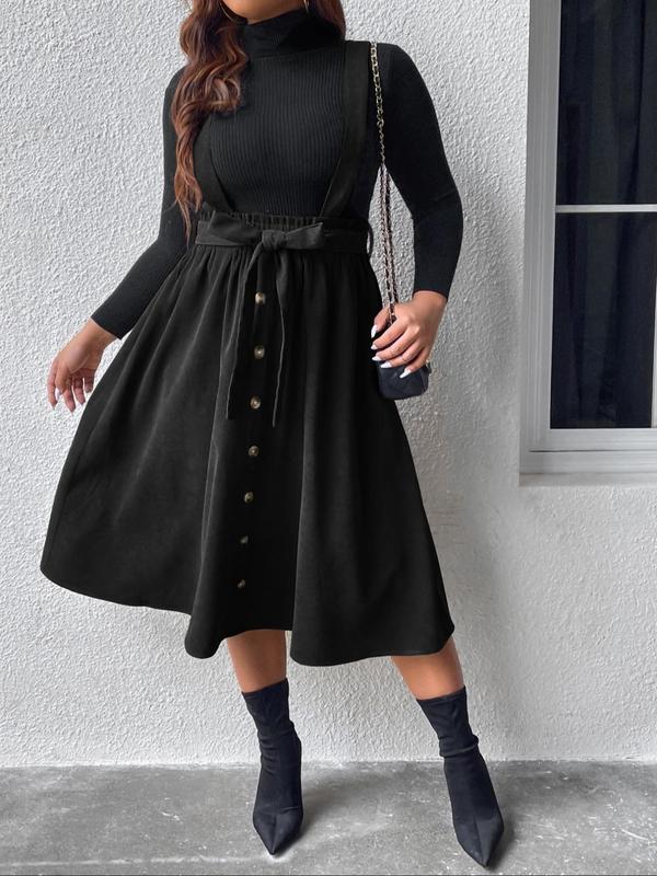 Plus Size Solid Button Front Belted Pinafore Skirt, Elegant High Waist Midi Skirt for Women, Women's Summer Bottoms,  Fall Dresses