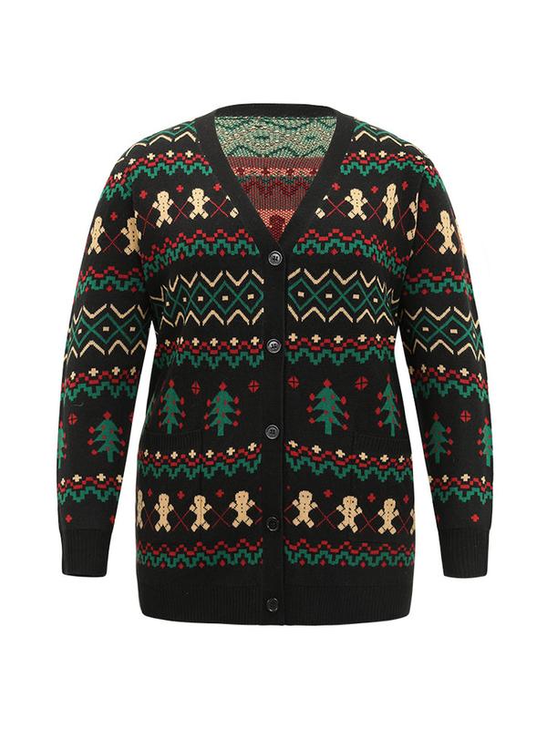 BloomChic Christmas Trees & Gingerbread Man Print Pocket Cardigan