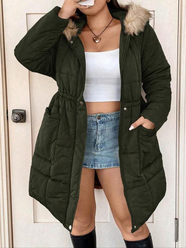  Solid Button Front Pocket Faux Fur Trim Hooded Winter Coat, Casual Long Sleeve Outerwear for Fall & Winter, Gift Set for Women, Coats for Winter Women 2024, Fall Outfits, Fallfreshness, Winter Clothes Women Winter Jacket