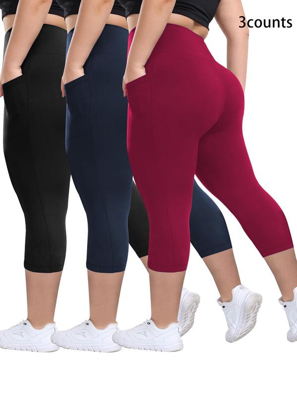  Plain Pocket High Waist Capris Leggings, Casual Comfy Breathable Skinny Capri Pants for Daily Wear, Leggings for Women, Women's Plus Bottoms for Summer