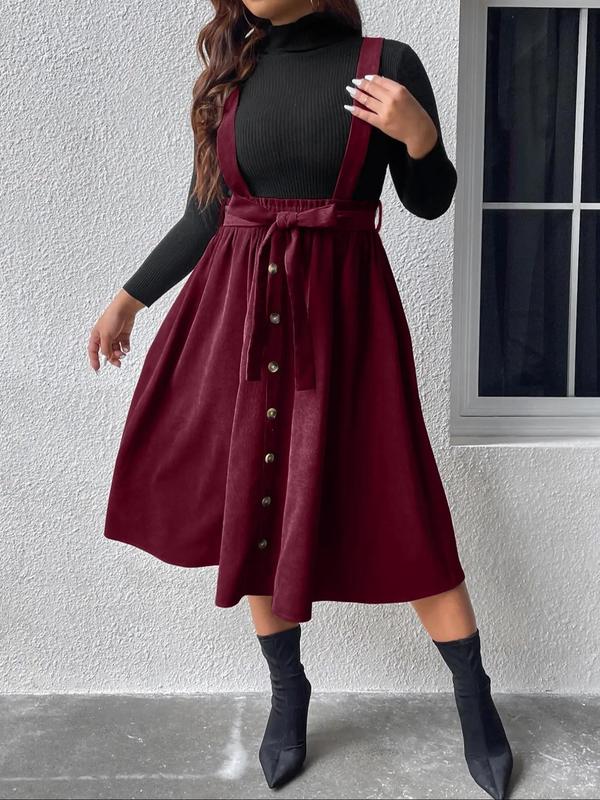 Plus Size Solid Button Front Belted Pinafore Skirt, Elegant High Waist Midi Skirt for Women, Women's Summer Bottoms,  Fall Dresses