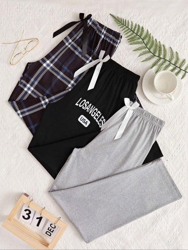 Women's Letter & Plaid Print Bow Decor Sleep Bottoms Set, Plaid Print Elastic Waist Trousers, Pajama Pants, Fall Wear, Soft Comfy Sleepwear Loungewear for All Seasons Pyjamas, Homewear