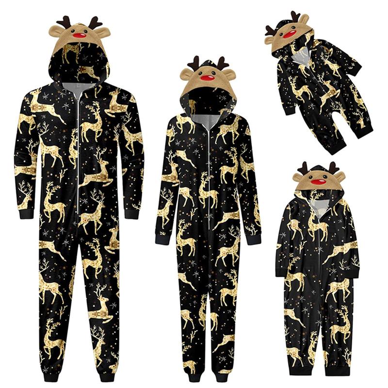 Family Matching Clothes Christmas Sleepwear, Cartoon Elk Snowman Print Long-Sleeve Zipper Hood  Jumpsuit