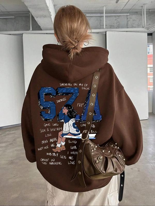 Women's Cartoon Sza & Letter Print Drawstring Pocket Hoodie, Fashion Casual Hooded Sweatshirt for Daily Holiday Outdoor Wear, Women Clothing for Fall & Winter