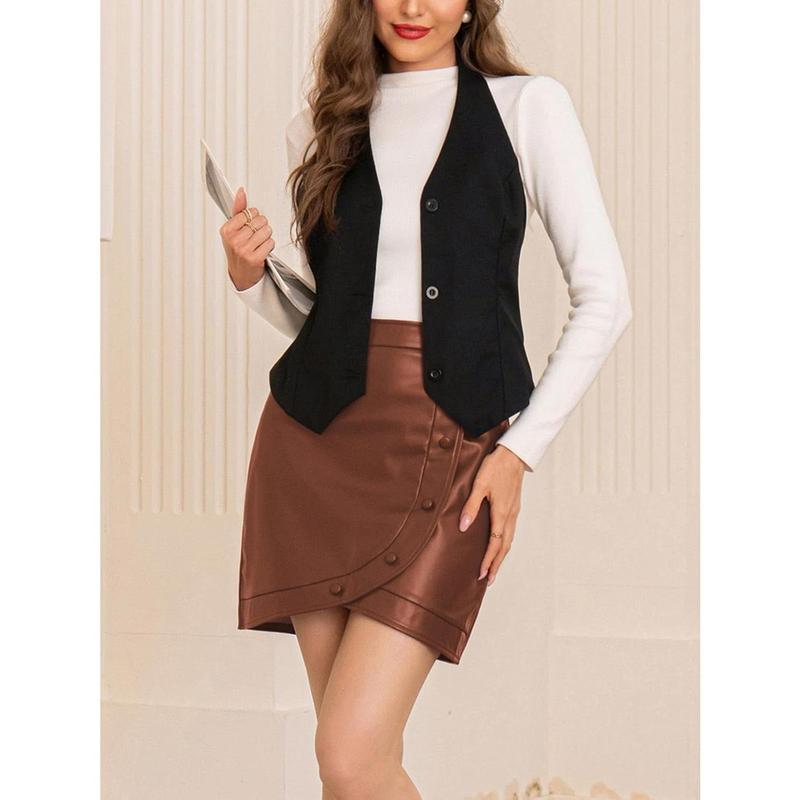 Women faux leather skirt high waisted button Decro wrap short pencil bodycon skirts