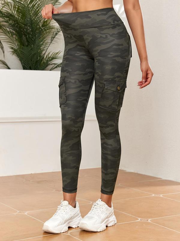 Women's Camo Print Flap Pocket Leggings, Comfort Women Clothing, Casual High Waist Skinny Pants, Leggings for Women, Ladies Bottoms for All Seasons