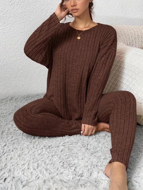  Two-Piece Set Solid Drop Shoulder Top & Skinny Pants Ribbed Pajama Set, Casual Comfy Round Neck Long Sleeve Top & Trousers Set, Women's Sleepwear for Fall & Winter