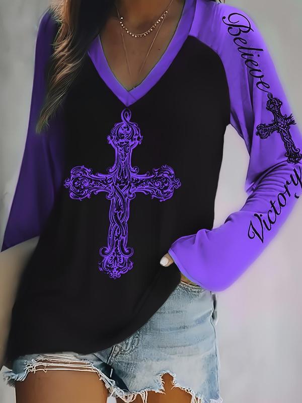  Colorblock & Cross Print Raglan Sleeve Tee, Casual Long Sleeve V Neck T-shirt for Fall & Winter, Women's Clothing for Daily Wear