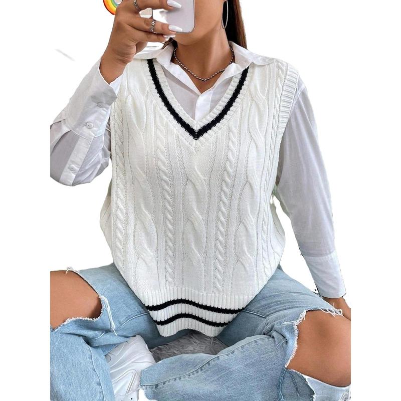 Plus Striped Trim Knit Sweater Vest Without Blouse V-neck Sweater Vest Women Vneck Casual Fit long sleeve knit outwear shoulder cardigan everyday sweater zea goo casual sweater