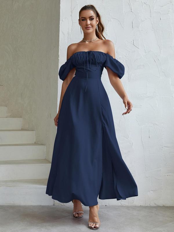 Women's Plain Tie Front Split Thigh Puff Sleeve Dress, Elegant Square Neck Short Sleeve A Line Long Dress for Party Holiday Wedding Guest, Ladies Summer Clothes