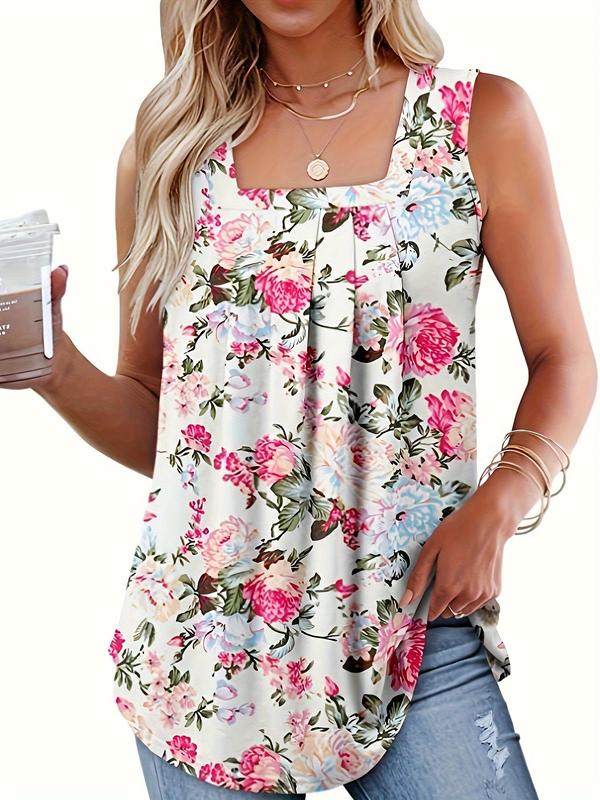 Plus Size Floral & Chevron Print Plicated Tank Top, Casual Square Neck Sleeveless Top for Summer, Women's Plus Clothing for Daily Wear