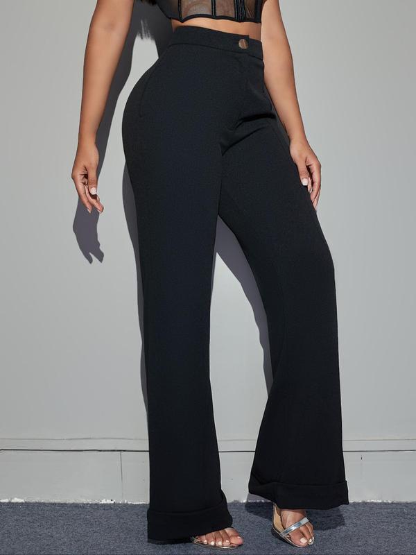 Women's Plain High Waist Flare Leg Pants, Casual Comfy Pocket Trousers for Spring & Fall, Women's Bottoms for Daily Wear