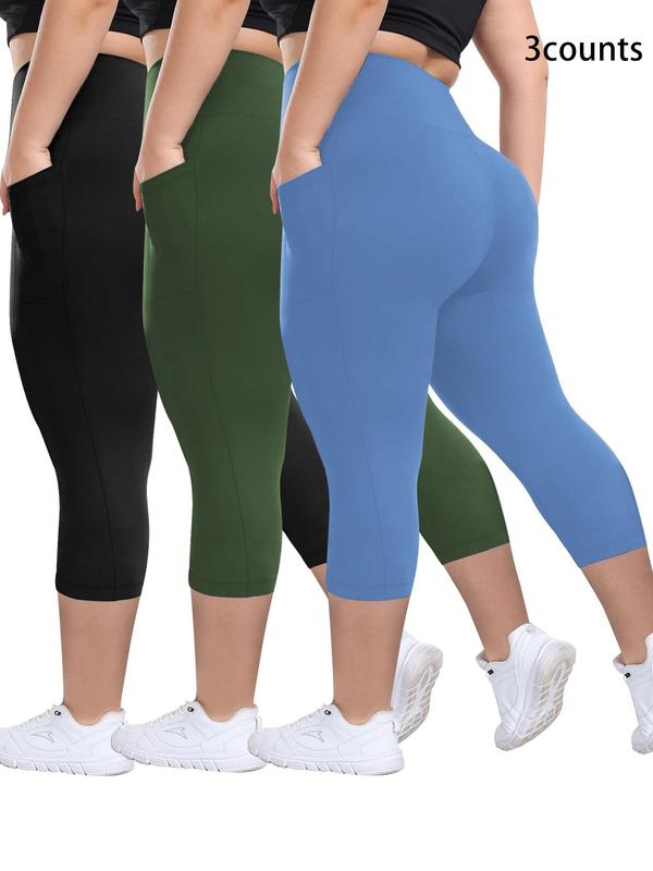  Plain Pocket High Waist Capris Leggings, Casual Comfy Breathable Skinny Capri Pants for Daily Wear, Leggings for Women, Women's Plus Bottoms for Summer