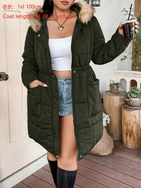  Solid Button Front Pocket Faux Fur Trim Hooded Winter Coat, Casual Long Sleeve Outerwear for Fall & Winter, Gift Set for Women, Coats for Winter Women 2024, Fall Outfits, Fallfreshness, Winter Clothes Women Winter Jacket