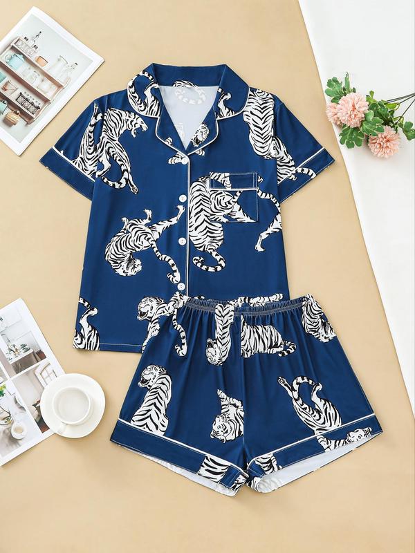 2 Pieces Women's Tiger Print Pocket Lapel Shortsleeve Shirt & Elastic Waist Shorts Pajama Set, Lady Casual Button Front Top & Shorts Homewear Set, Back-to-School Clothing, Summer Pajama Sets Women, PJ Sets for Women, Womenswear