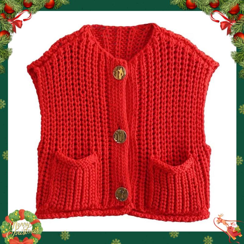 Molitree Womens Casual Chunky Knit Vest Gold Button Down Crop Crochet Sleeveless Sweater Vest Women's PU