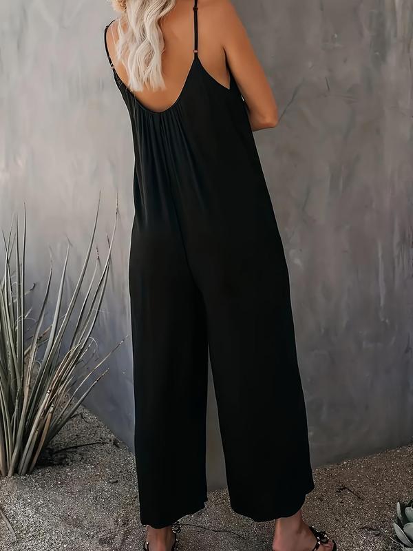 Women's Solid Color Pocket Adjustable Strap Wide Leg Jumpsuit, Casual Sleeveless V Neck Jumpsuit for Summer, Ladies Clothes for Daily Wear