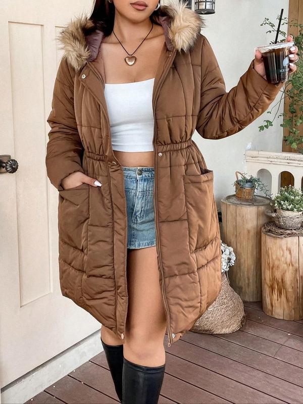  Solid Button Front Pocket Faux Fur Trim Hooded Winter Coat, Casual Long Sleeve Outerwear for Fall & Winter, Gift Set for Women, Coats for Winter Women 2024, Fall Outfits, Fallfreshness, Winter Clothes Women Winter Jacket