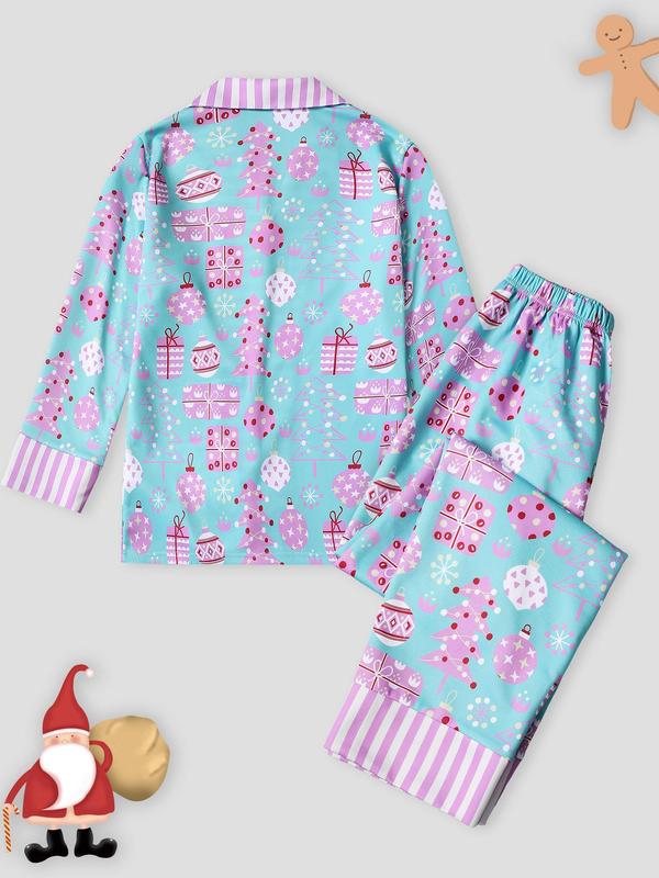 Two-piece Set Women's Christmas All Over Tree Print Pajama Set, Casual Long Sleeve Lapel Neck Top & Pants Pj Set, Women Nightwear, Women's Sleepwear for Spring & Fall