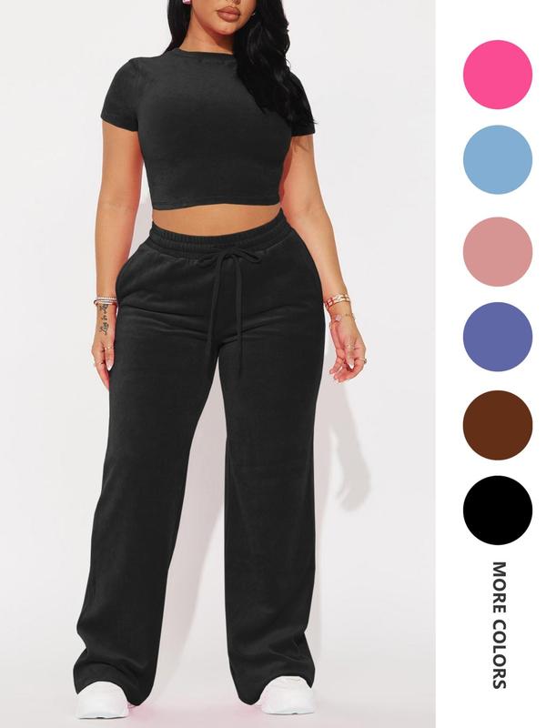 Two-piece Set Women's Solid Crop Tee & Drawstring Waist Pants Velvet Set, Casual Short Sleeve Round Neck T-shirt & Elastic Waist Trousers, Ladies Summer Clothes