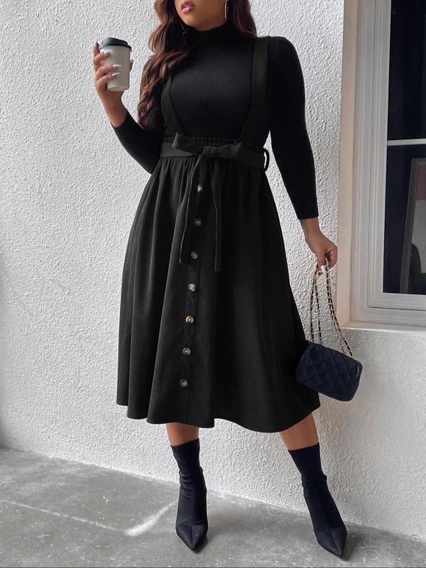 Plus Size Solid Button Front Belted Pinafore Skirt, Elegant High Waist Midi Skirt for Women, Women's Summer Bottoms,  Fall Dresses