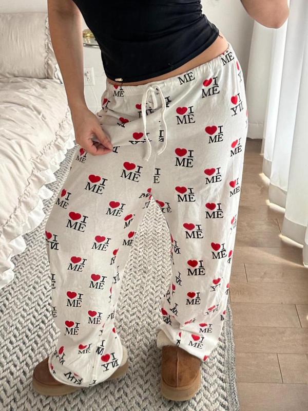 Women's Letter & Heart Print Drawstring Waist Sweatpants, Casual Comfy Straight Leg Trousers for Daily Wear, Ladies Bottoms for All Seasons